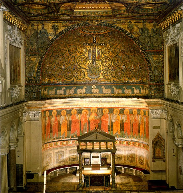 The mosaic apse of the Basilica of San Clemente in Rome, the cross flowering above the altar