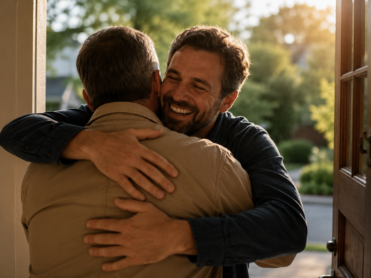Two friends embracing at an open doorway in warm evening light