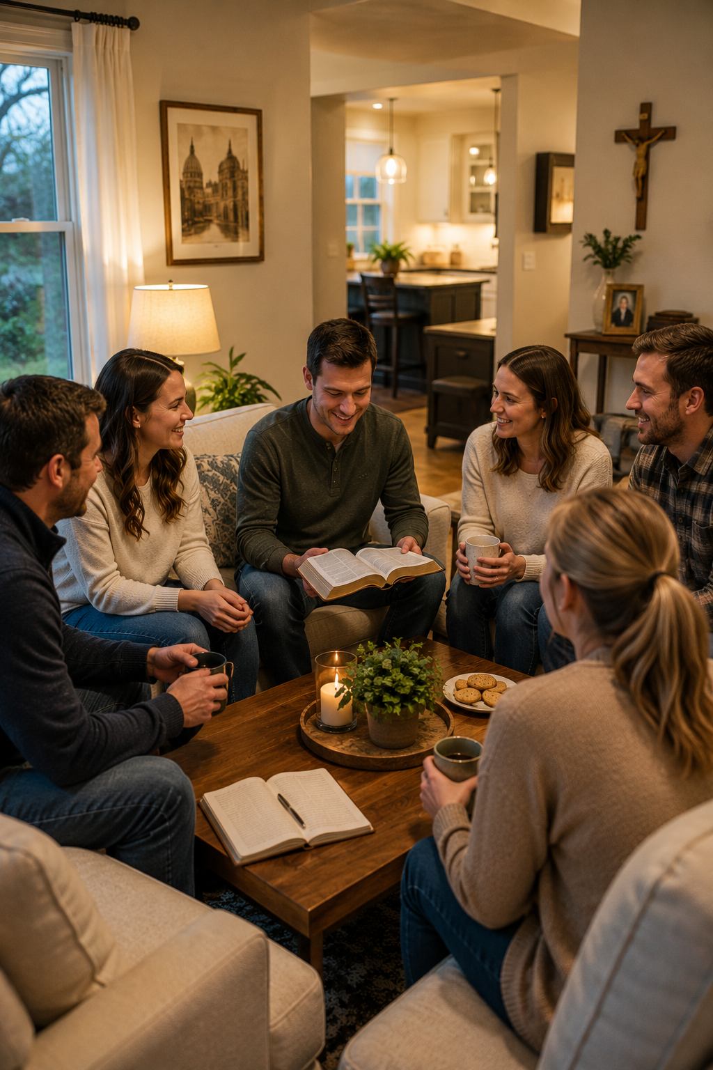 Friends gathered in a warmly lit living room, talking and praying together