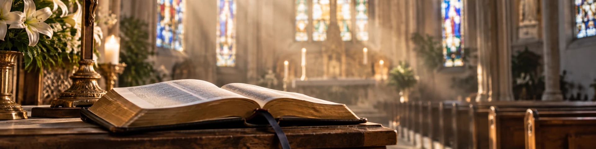 Open Bible and crucifix inside a sunlit church with stained glass
