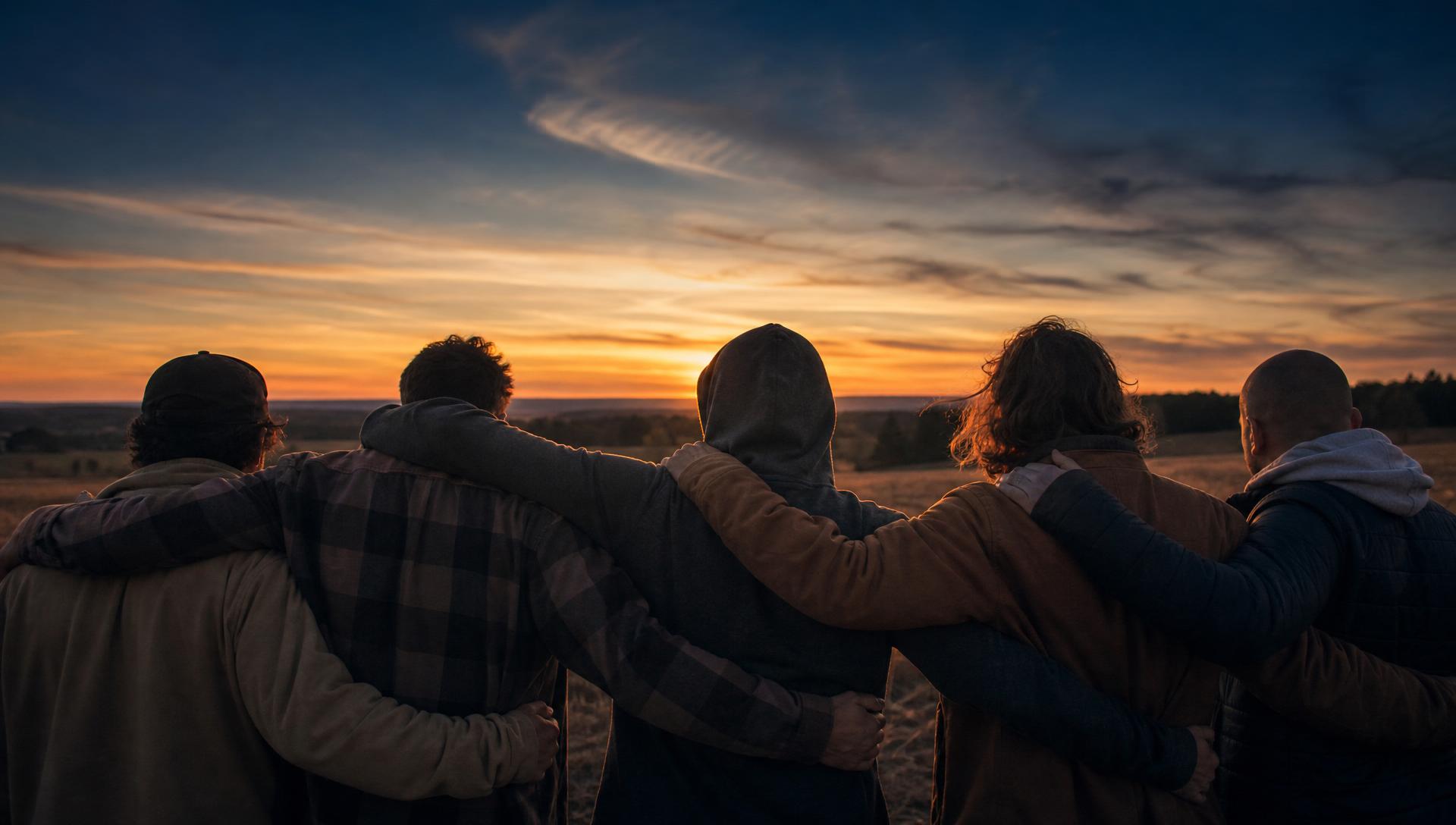 Friends from behind, arms across each other's shoulders, looking out at a warm golden hour sky