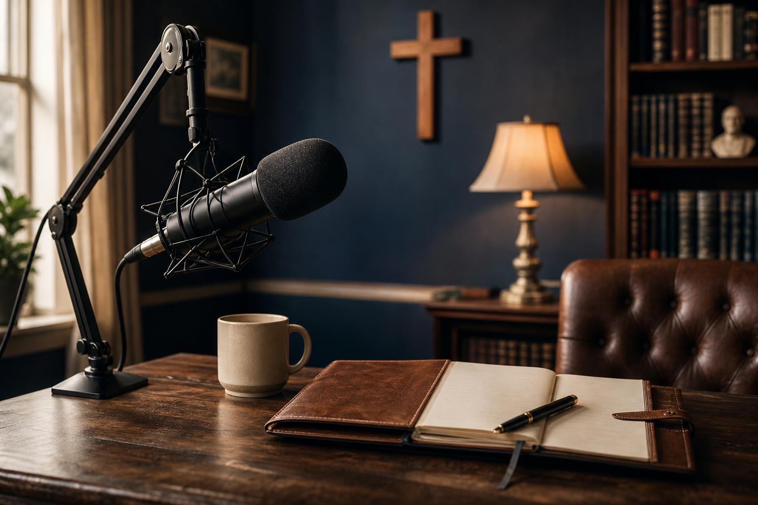 A quiet study with a microphone, an open notebook, and warm lamplight — the setting for a Live IT Toledo Podcast conversation.