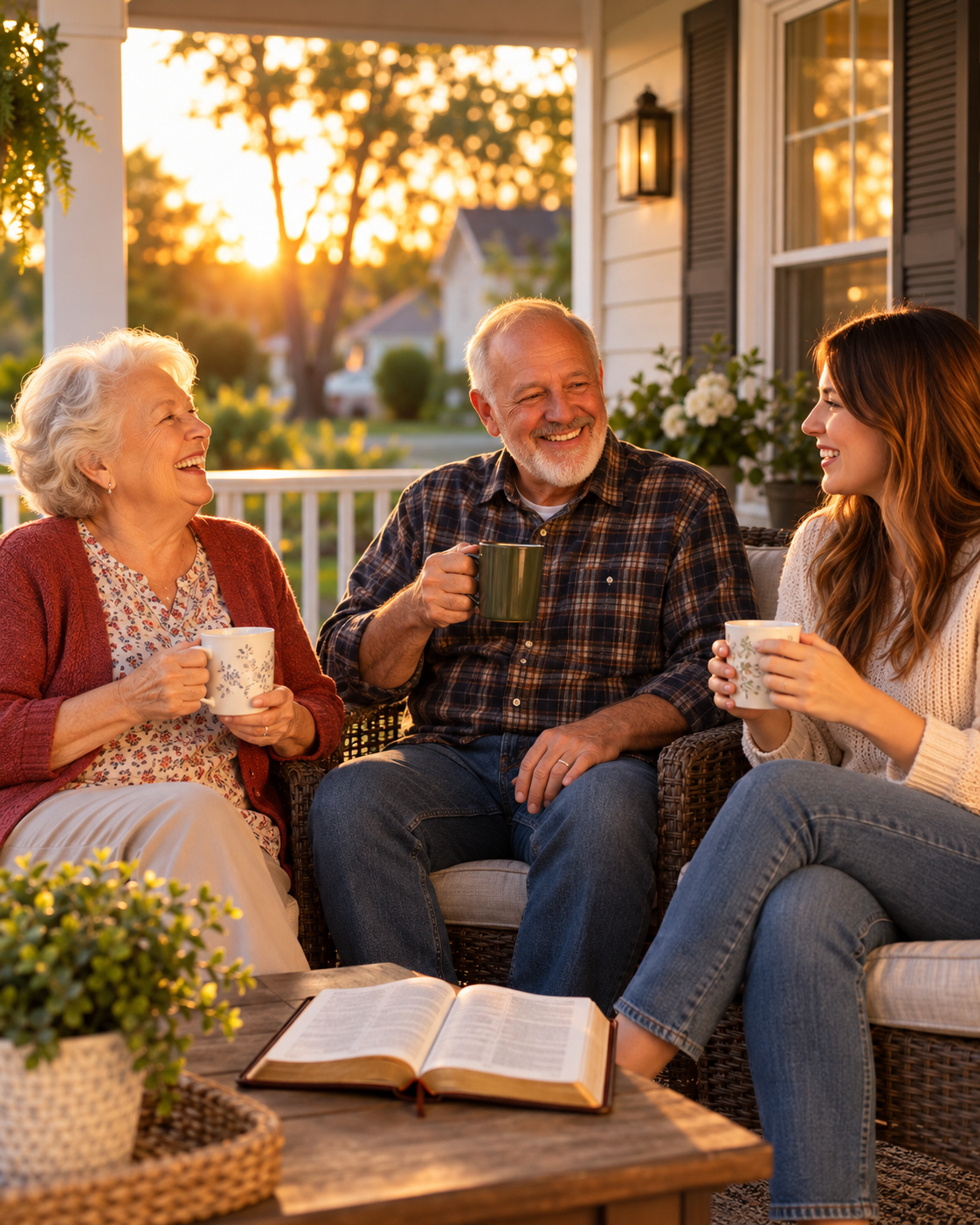 Three people sharing coffee and Scripture together on a porch