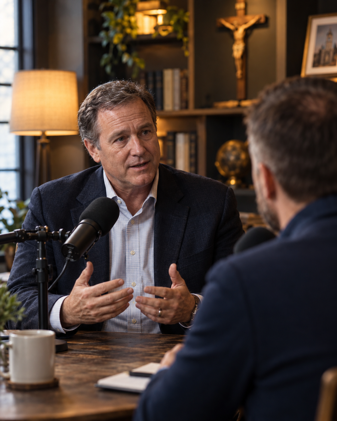A guest speaking across a table during a podcast conversation, with a microphone and crucifix visible in the warmly lit room