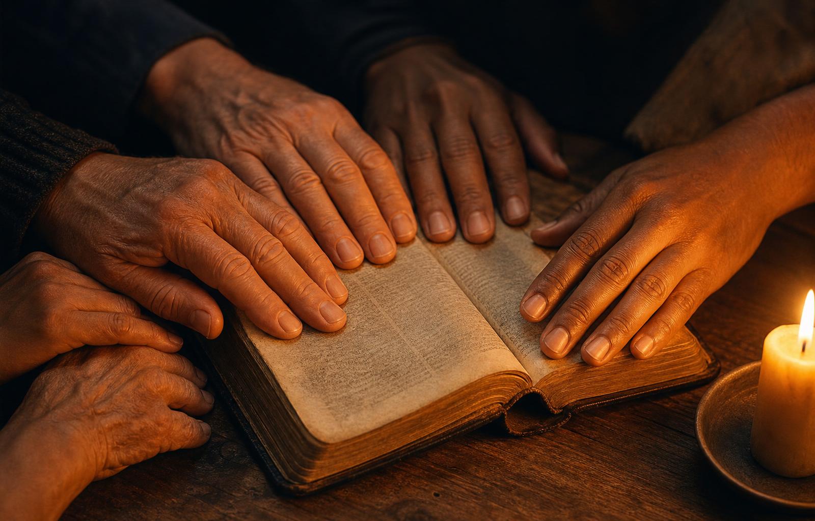 Hands of different ages resting together on an open Bible in warm candlelight
