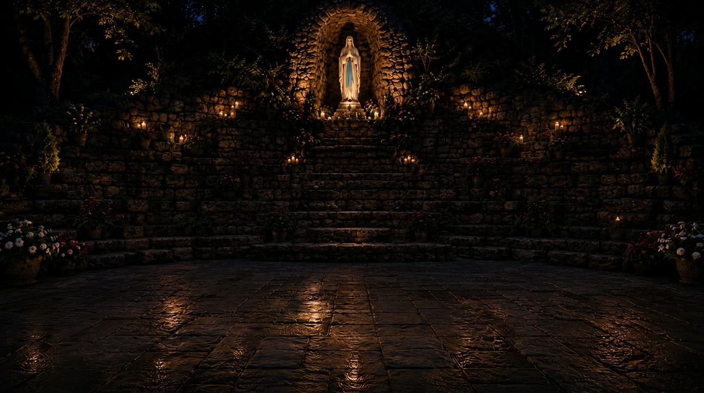 A Marian grotto lit by candlelight, with a statue of Our Lady in a stone niche