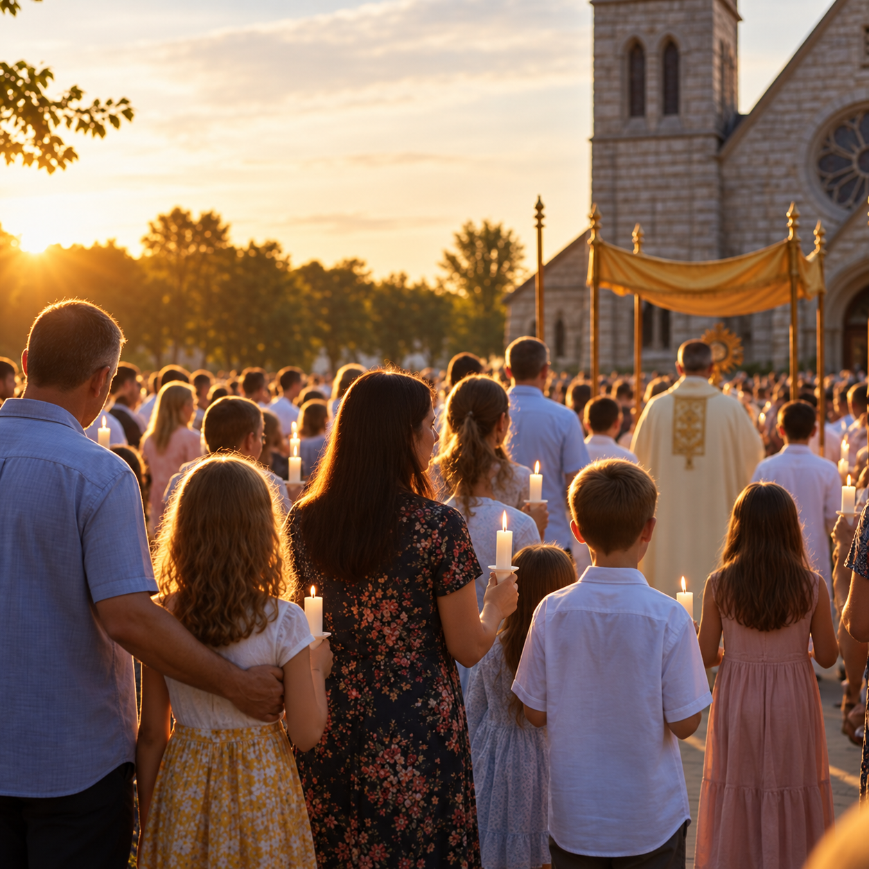 Families and parishioners holding candles gather outside a church at sunset for a Eucharistic procession