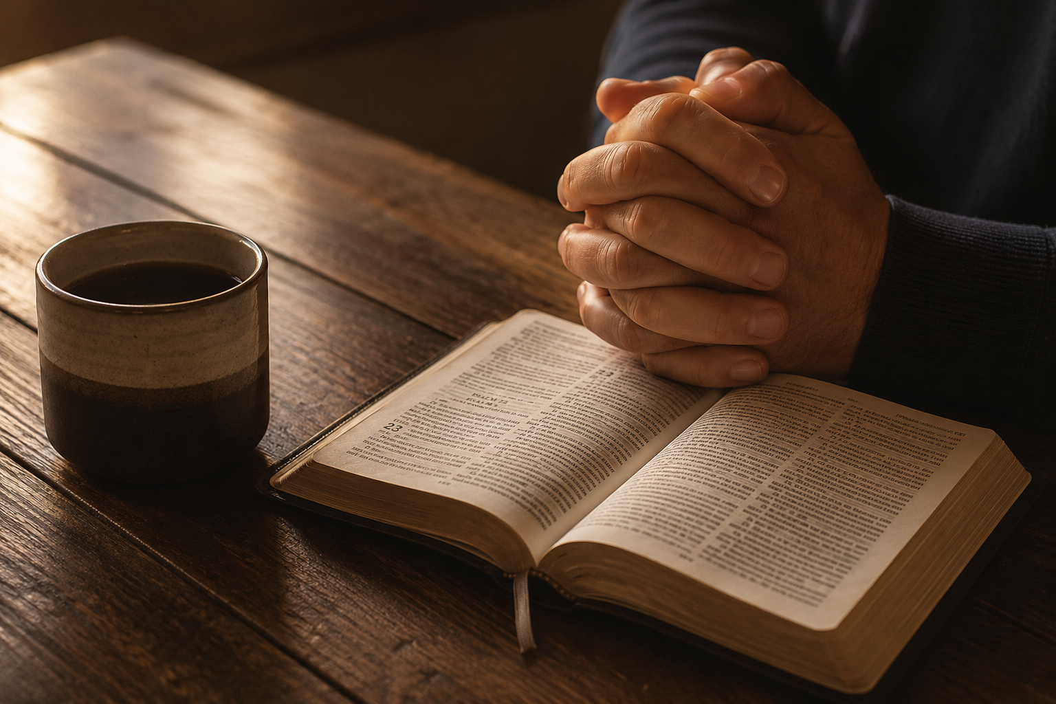 Morning light on a kitchen table with an open Bible, a cup of coffee, and hands folded in prayer