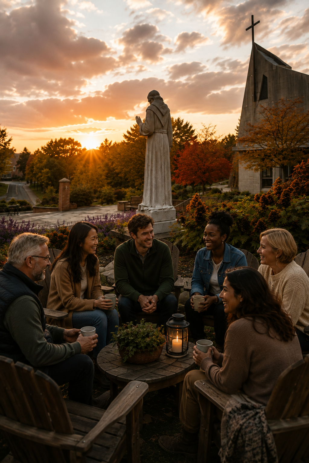 Friends gathered in a circle of chairs at golden hour beside a Franciscan statue and parish church, a lantern glowing on the table between them