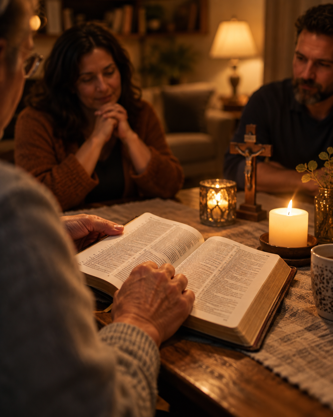 A small group gathered around a candlelit table, praying over an open Bible with a crucifix beside them