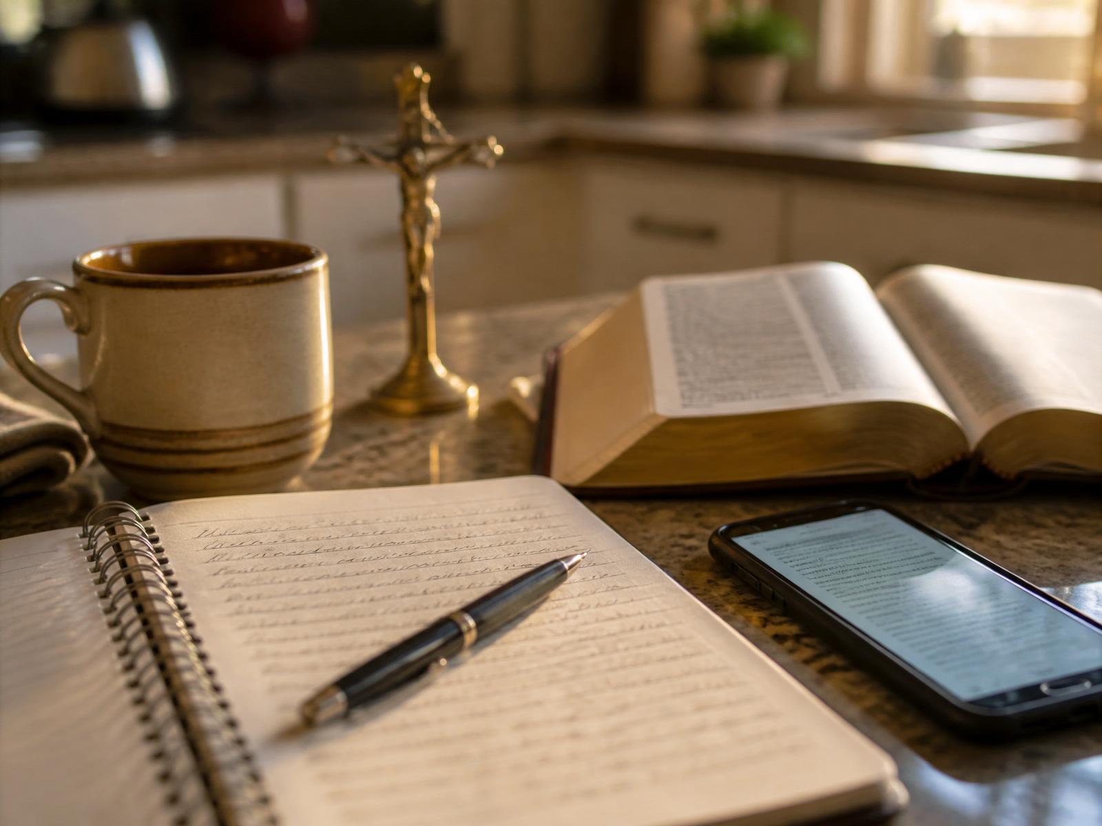 A kitchen counter with an open Bible, a notebook, and a phone showing the day's reflection.