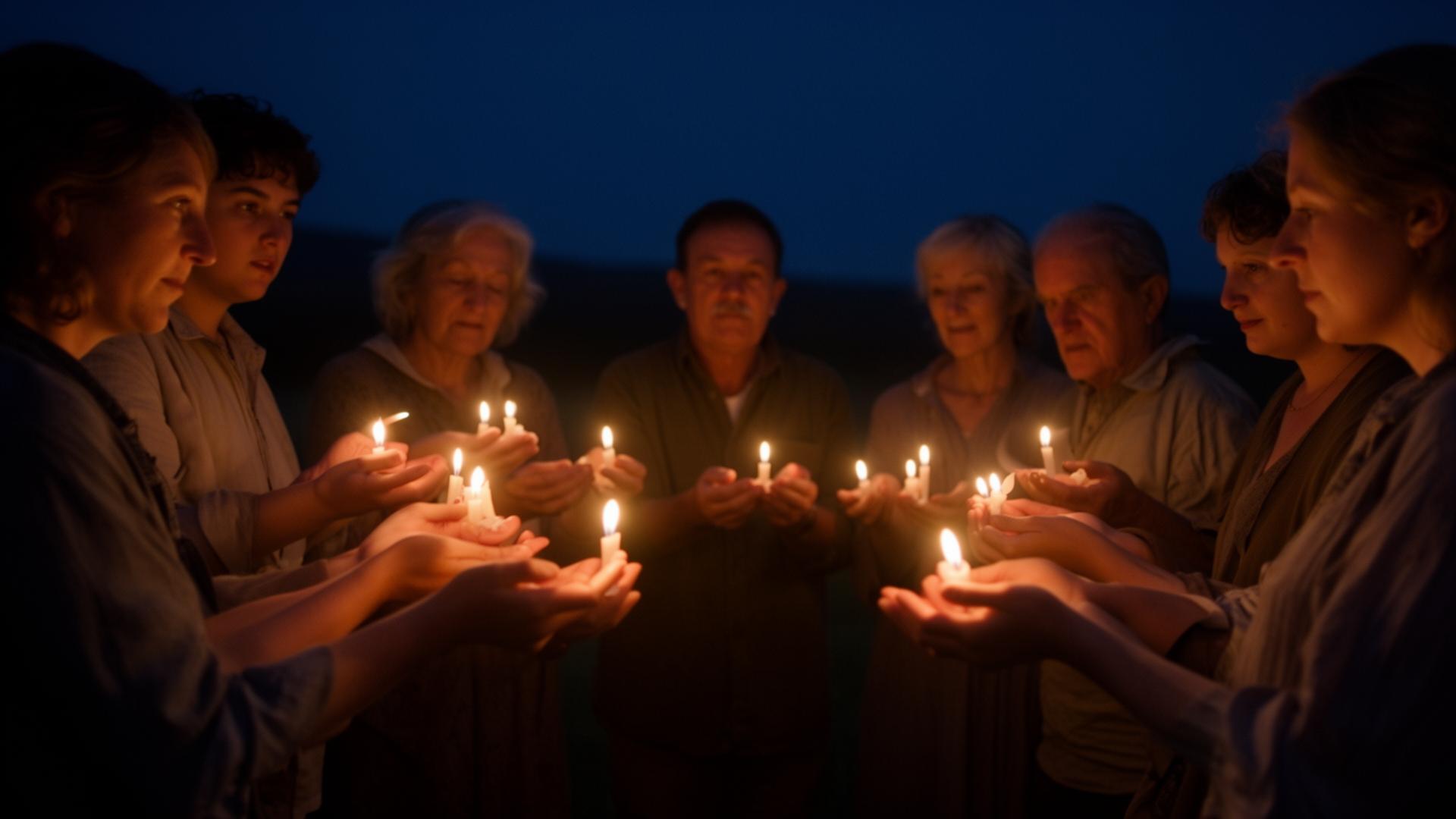 Neighbors holding candles in a quiet circle at dusk