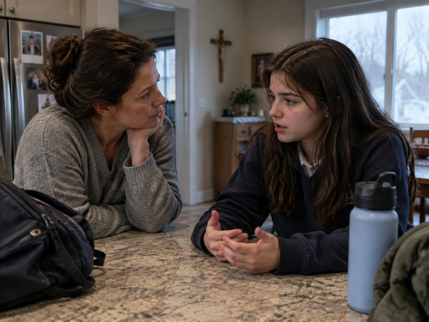 A parent listening closely to a teenager at home