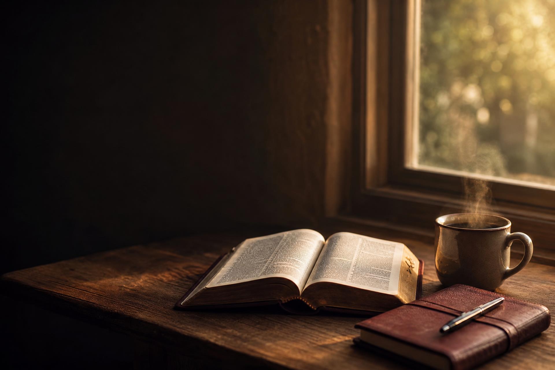 An open Bible and a warm cup on a wooden windowsill in early morning light