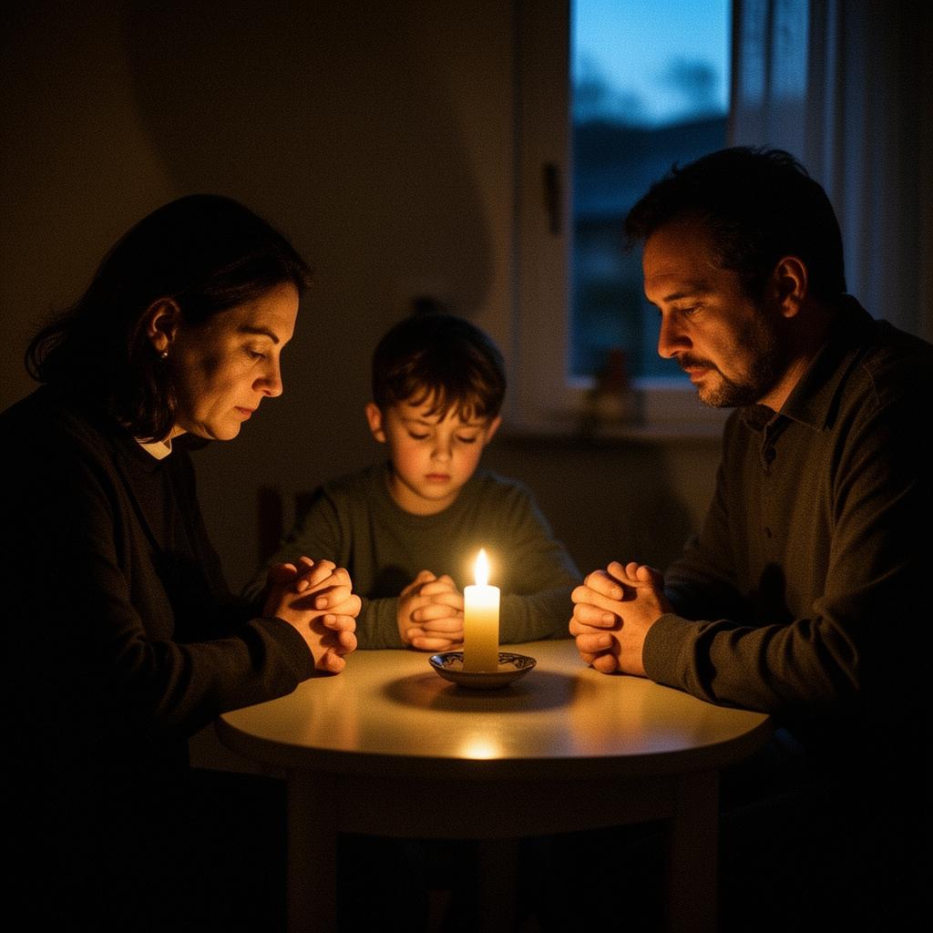A family at prayer by candlelight