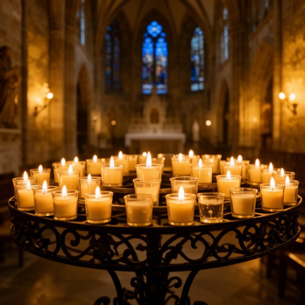 Votive candles lit in prayer inside a Catholic cathedral