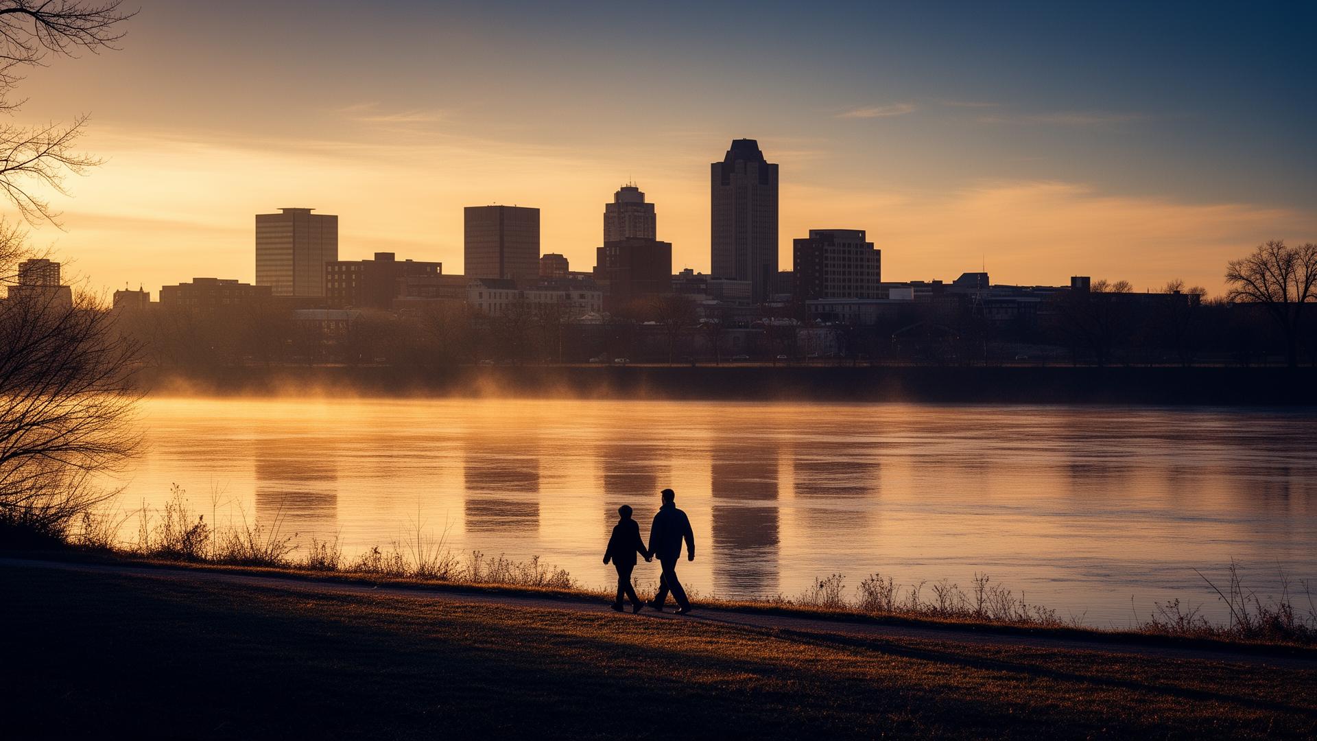 Two figures walking together at dawn along the Maumee River with the Toledo skyline behind
