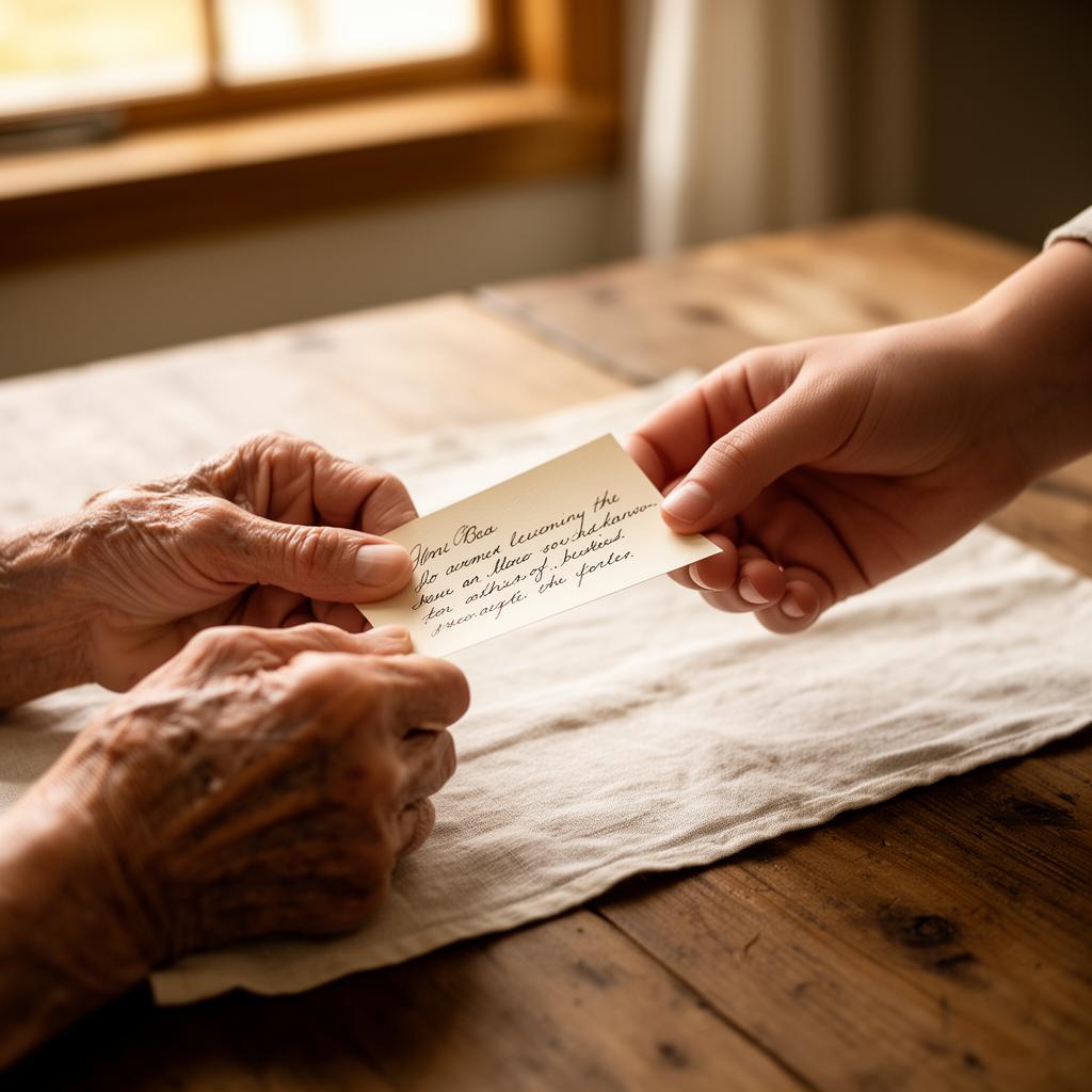 Hands exchanging a small handwritten note